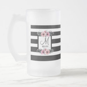 Zwart & Wit Strepen Roze Bloemen Monogram Matglas Bierpul