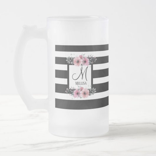 Zwart & Wit Strepen Roze Bloemen Monogram Matglas Bierpul (Links)
