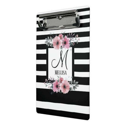 Zwart & Wit Strepen Roze Bloemen Monogram Mini Klembord (Angled2)