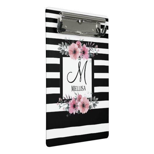 Zwart & Wit Strepen Roze Bloemen Monogram Mini Klembord (Schuin)