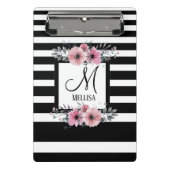 Zwart & Wit Strepen Roze Bloemen Monogram Mini Klembord (Voorkant)