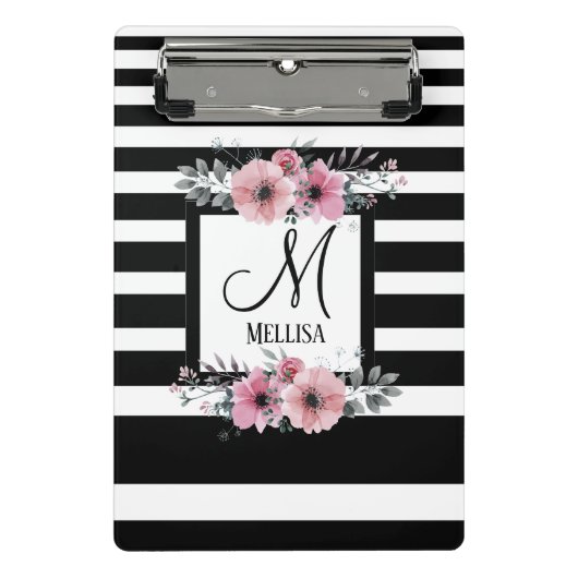 Zwart & Wit Strepen Roze Bloemen Monogram Mini Klembord (Voorkant)