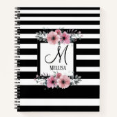 Zwart & Wit Strepen Roze Bloemen Monogram Notitieboek (Voorkant)