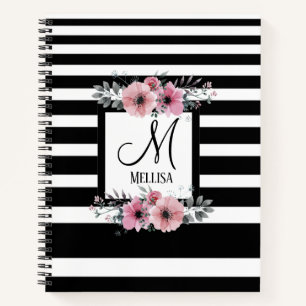 Zwart & Wit Strepen Roze Bloemen Monogram Notitieboek