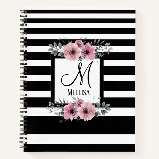 Zwart & Wit Strepen Roze Bloemen Monogram Notitieboek (Voorkant)