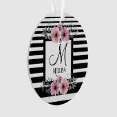 Zwart & Wit Strepen Roze Bloemen Monogram Ornament (voorkant)