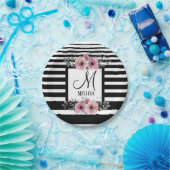 Zwart & Wit Strepen Roze Bloemen Monogram Papieren Bordje (Feest)