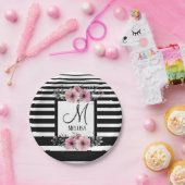 Zwart & Wit Strepen Roze Bloemen Monogram Papieren Bordje (Feest)
