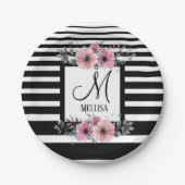 Zwart & Wit Strepen Roze Bloemen Monogram Papieren Bordje (Voorkant)