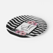 Zwart & Wit Strepen Roze Bloemen Monogram Papieren Bordje (Gekanteld)