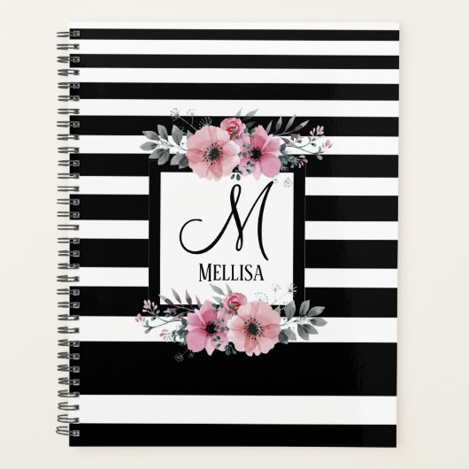 Zwart & Wit Strepen Roze Bloemen Monogram Planner (Voorkant)