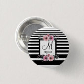 Zwart & Wit Strepen Roze Bloemen Monogram Ronde Button 3,2 Cm (Voorkant /achterkant)