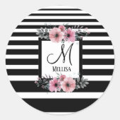 Zwart & Wit Strepen Roze Bloemen Monogram Ronde Sticker (Voorkant)
