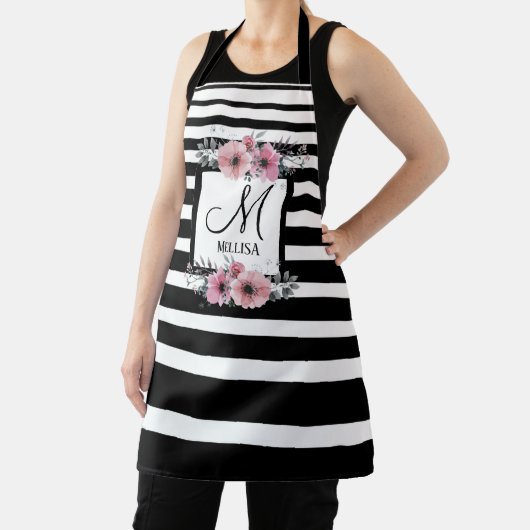 Zwart & Wit Strepen Roze Bloemen Monogram Schort (Insitu)