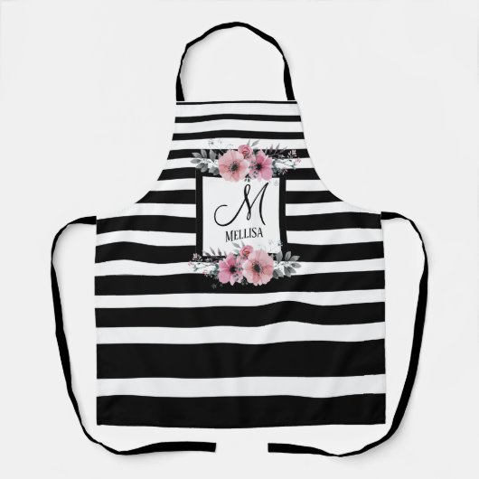 Zwart & Wit Strepen Roze Bloemen Monogram Schort (Voorkant)