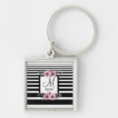 Zwart & Wit Strepen Roze Bloemen Monogram Sleutelhanger (Voorkant)