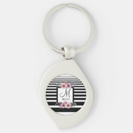 Zwart & Wit Strepen Roze Bloemen Monogram Sleutelhanger