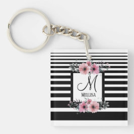 Zwart & Wit Strepen Roze Bloemen Monogram Sleutelhanger