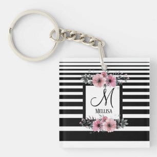 Zwart & Wit Strepen Roze Bloemen Monogram Sleutelhanger