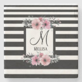 Zwart & Wit Strepen Roze Bloemen Monogram Stenen Onderzetter (Voorkant)