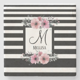 Zwart & Wit Strepen Roze Bloemen Monogram Stenen Onderzetter