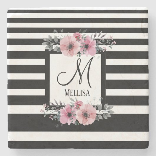 Zwart & Wit Strepen Roze Bloemen Monogram Stenen Onderzetter (Voorkant)
