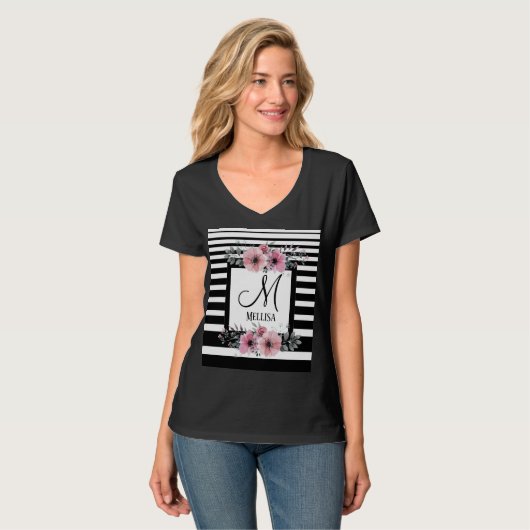 Zwart & Wit Strepen Roze Bloemen Monogram T-shirt (Voorkant volledig)