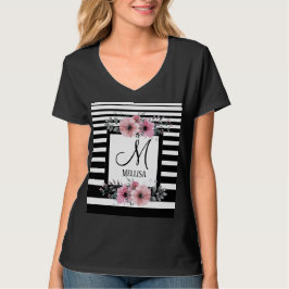 Zwart & Wit Strepen Roze Bloemen Monogram T-shirt