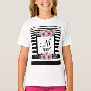 Zwart & Wit Strepen Roze Bloemen Monogram T-shirt