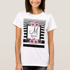 Zwart & Wit Strepen Roze Bloemen Monogram T-shirt