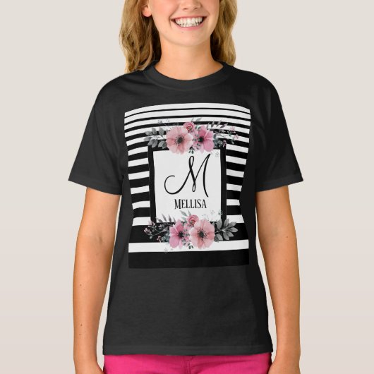 Zwart & Wit Strepen Roze Bloemen Monogram T-shirt (Voorkant)