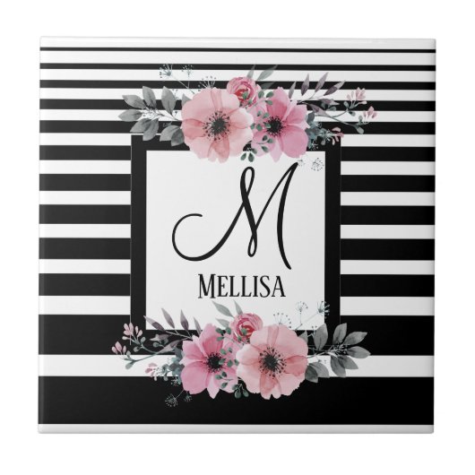 Zwart & Wit Strepen Roze Bloemen Monogram Tegeltje (Voorkant)