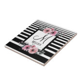Zwart & Wit Strepen Roze Bloemen Monogram Tegeltje (Zijkant)