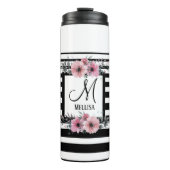 Zwart & Wit Strepen Roze Bloemen Monogram Thermosbeker (Voorkant)