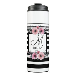 Zwart & Wit Strepen Roze Bloemen Monogram Thermosbeker