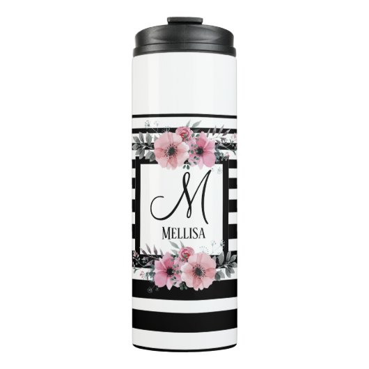 Zwart & Wit Strepen Roze Bloemen Monogram Thermosbeker (Voorkant)