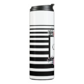 Zwart & Wit Strepen Roze Bloemen Monogram Thermosbeker (Gedraaid links)