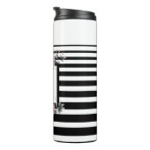 Zwart & Wit Strepen Roze Bloemen Monogram Thermosbeker (Geroteerd rechts)