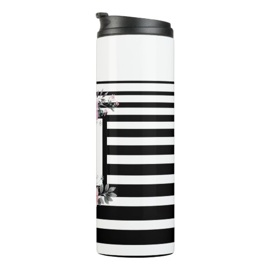 Zwart & Wit Strepen Roze Bloemen Monogram Thermosbeker (Geroteerd rechts)