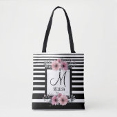 Zwart & Wit Strepen Roze Bloemen Monogram Tote Bag (Voorkant)