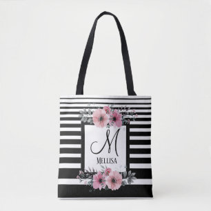 Zwart & Wit Strepen Roze Bloemen Monogram Tote Bag