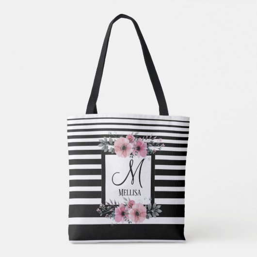 Zwart & Wit Strepen Roze Bloemen Monogram Tote Bag (Achterkant)