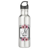 Zwart & Wit Strepen Roze Bloemen Monogram Waterfles (Voorkant)