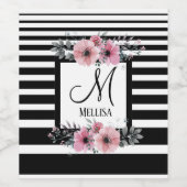 Zwart & Wit Strepen Roze Bloemen Monogram Wijn Etiket (Enkel label)
