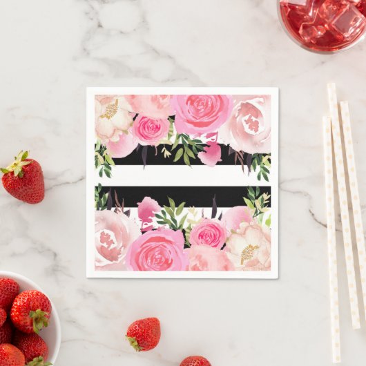 Zwart Wit Strepen Roze Bloemen Vrijgezellenfeest Servetten (Insitu)