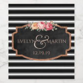 Zwart wit strepen roze bloemenbruiloft gunst wijn etiket (Enkel label)