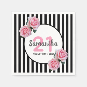 Zwart wit strepen roze bloemstukken 21e verjaardag servet
