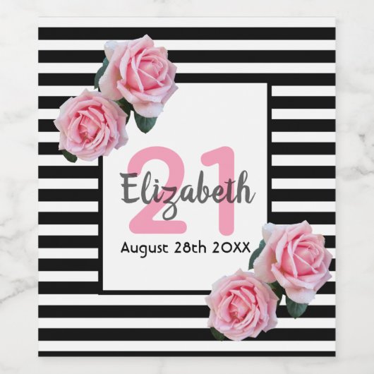 Zwart wit strepen roze bloemstukken 21e verjaardag wijn etiket (Enkel label)