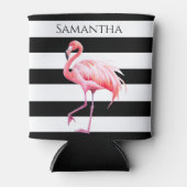 Zwart & Wit Strepen Roze Flamingo Aangepaste naam Blikjeskoeler (Voorkant)