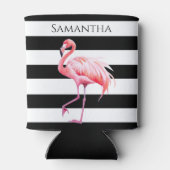 Zwart & Wit Strepen Roze Flamingo Aangepaste naam Blikjeskoeler (Achterkant)